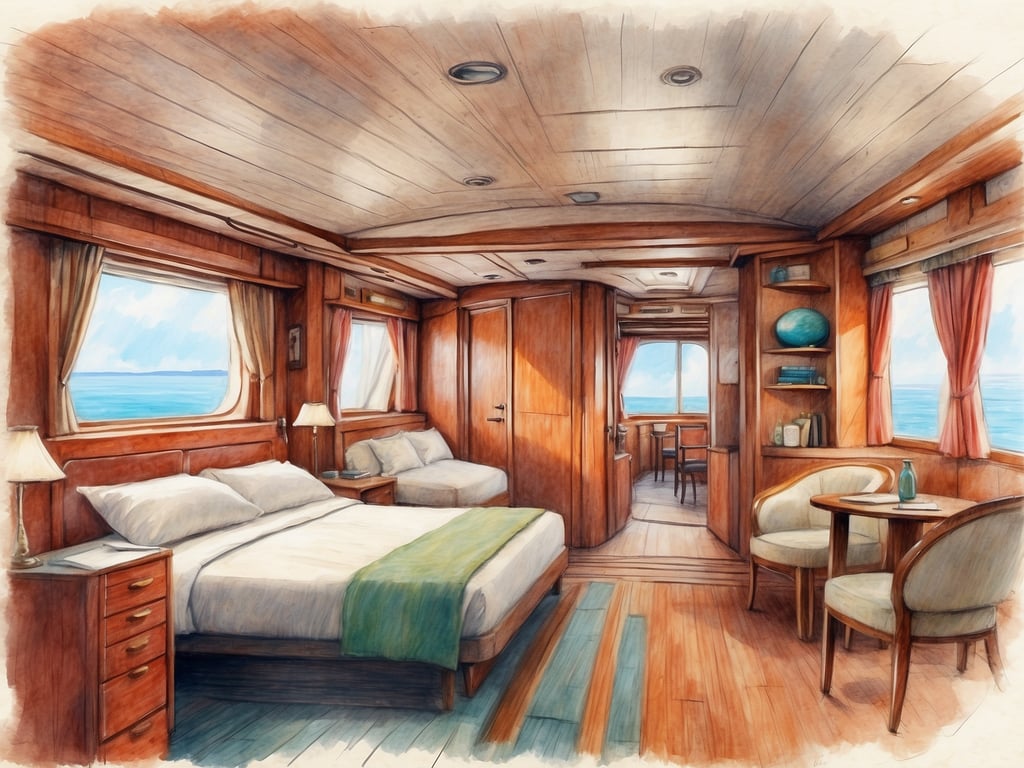 Auf dem Bild ist eine Kreuzfahrtschiff-Kabine zu sehen, die freundlich und elegant eingerichtet ist. Es gibt zwei Betten, einen Tisch, Stühle und große Fenster, die einen Blick auf das Meer bieten.

Eine Kabine, die man nicht buchen sollte, ist in der Nähe von lauten Bereichen wie dem Fitnessraum oder den Restaurants. Auch Kabinen ohne Fenster können unangenehm sein, da sie oft dunkler und weniger einladend wirken.