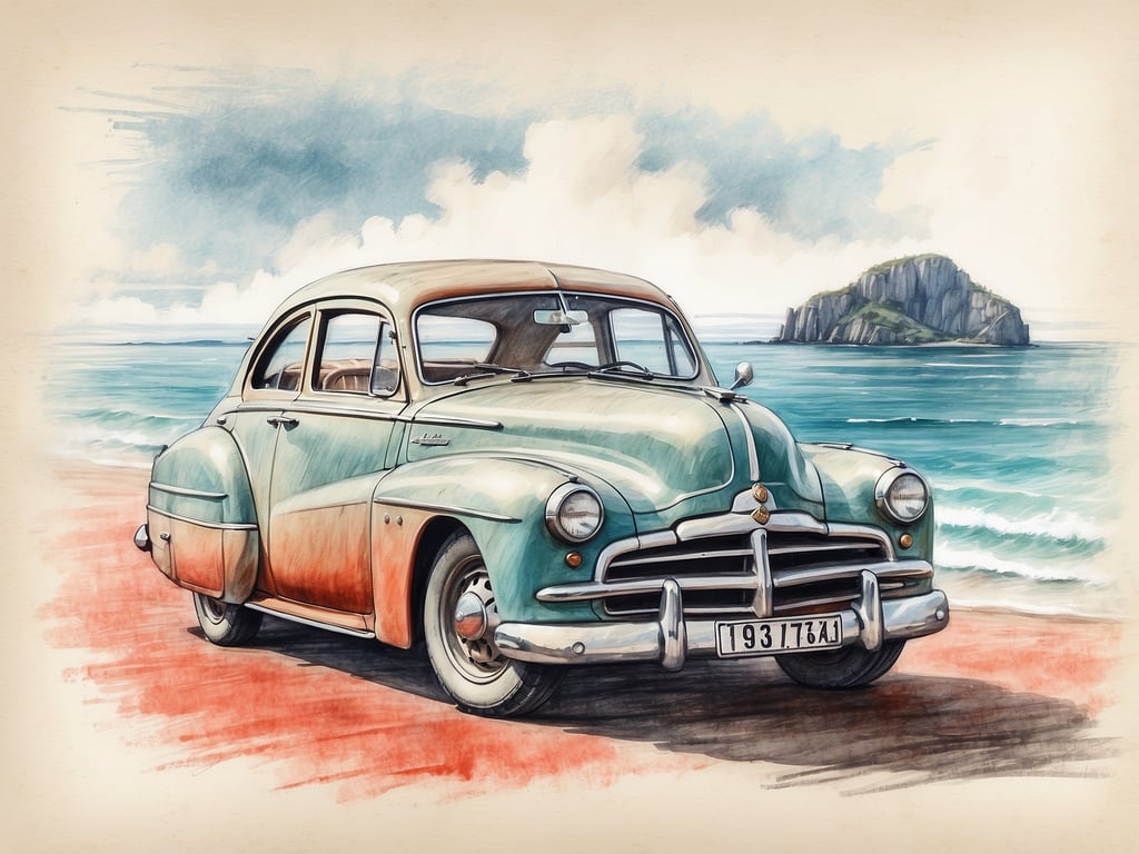 Auf dem Bild ist ein oldtimer Auto zu sehen, das an einem Strand steht, während im Hintergrund eine kleine Insel zu sehen ist. 

Eine bekannte autofreie Nordseeinsel ist Juist.