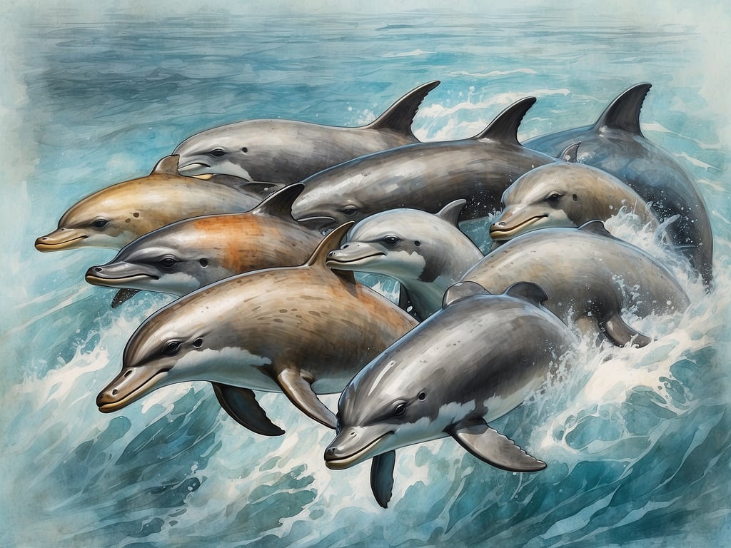 Auf dem Bild sind mehrere Delfine zu sehen, die im Wasser schwimmen. In der Nordsee leben verschiedene Säugetiere, darunter mehrere Delfinarten wie der Gemeine Tümmler und der Große Tümmler. Auch andere Säugetiere wie Seehunde, Robben und viele Walarten sind in der Nordsee anzutreffen. Diese Tiere sind bekannt für ihre soziale Natur und ihre Anpassungsfähigkeit an das Meer.