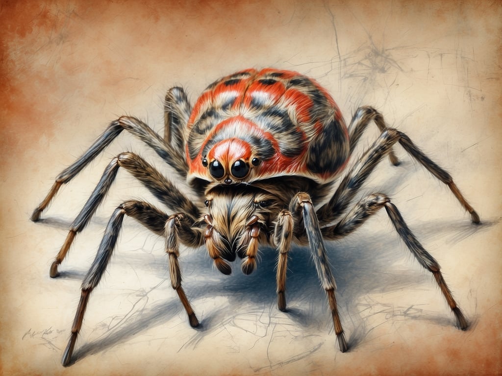 Auf dem Bild ist eine Spinne zu sehen, die durch ihre auffällige Färbung und Struktur hervorsticht. In Deutschland gibt es verschiedene Arten von Spinnen, darunter:

1. **Kreuzspinne** (Araneus diadematus): Bekannt für ihr kreuzförmiges Muster auf dem Rücken.
2. **Wolfspinne** (Lycosidae): Eine aktive Jägerin, die keine Netze spinnt.
3. **Zebraspinne** (Salticus scenicus): Eine jumperische Spinne mit auffälligen Mustern.
4. **Eichenspinne** (Lycosa hispanica): Oft in Wäldern oder auf Wiesen zu finden.

Die Spinne auf dem Bild könnte Ähnlichkeiten mit einer dieser Arten aufweisen, allerdings ist die genaue Bestimmung ohne spezifische Merkmale schwierig.