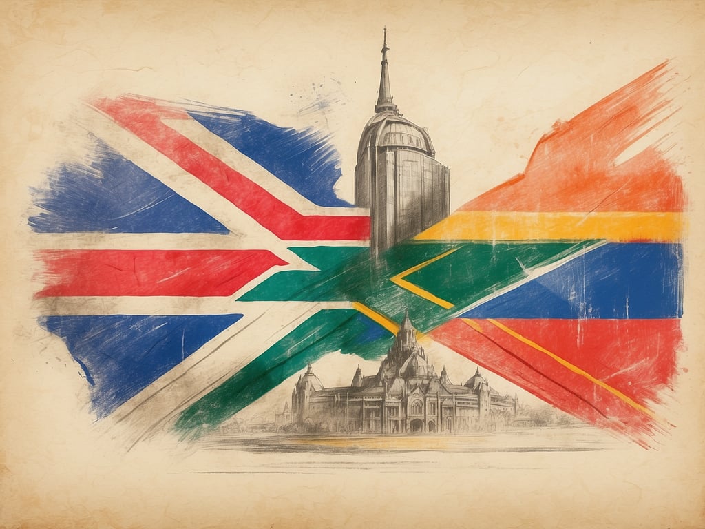 Auf dem Bild sind verschiedene Flaggen und Gebäude zu sehen, die symbolisch für die kulturellen Einflüsse in Südafrika stehen. Insbesondere sind die britische und die südafrikanische Flagge sichtbar. 

Die Niederländer brachten nach Südafrika die Sprache Afrikaans, die sich aus dem Niederländischen entwickelt hat.