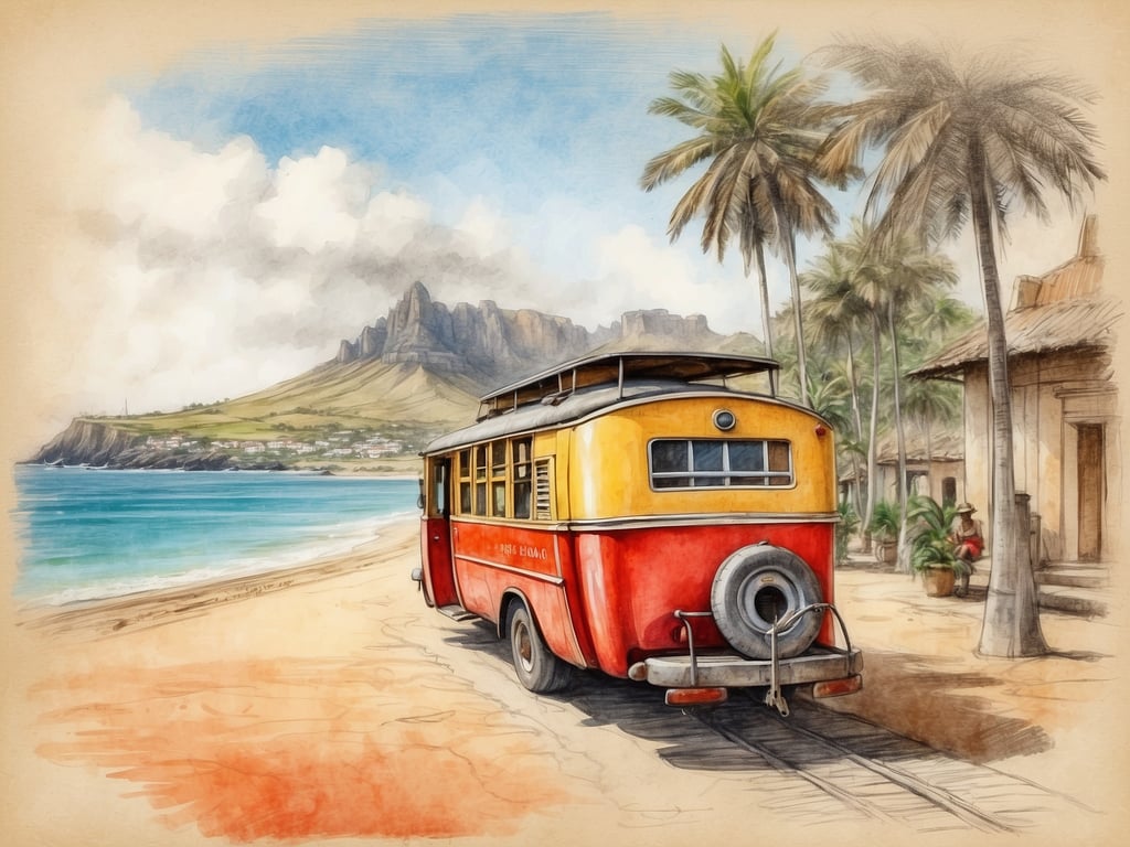 Auf dem Bild ist ein farbenfroher alter Bus zu sehen, der an einem malerischen Strand steht. Im Hintergrund sieht man Hügel und Palmen, sowie einige Bauruinen und eine ruhige Küstenlandschaft. Die Szenerie vermittelt eine entspannte, tropische Atmosphäre.

Die Hauptsprache, die auf den Kapverden gesprochen wird, ist Portugiesisch, während auch Kreolisch eine wichtige Rolle spielt.