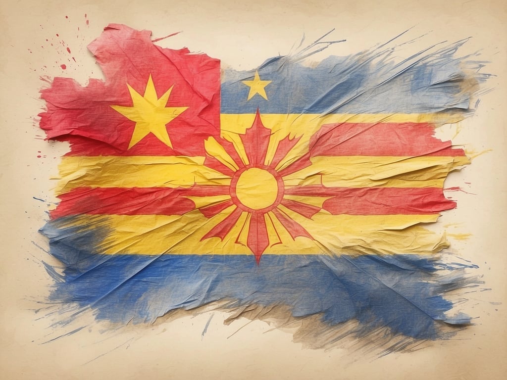 Auf dem Bild ist eine künstlerische Darstellung von gefalteten Flaggen zu sehen, möglicherweise die von zwei verschiedenen Regionen oder Ländern. In Andorra spricht man Katalanisch.