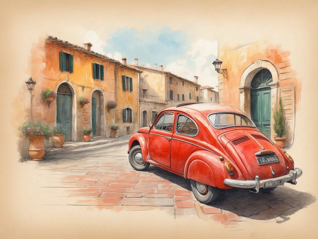 Auf dem Bild ist ein rotes Auto zu sehen, das auf einer gepflasterten Straße in einer malerischen, italienischen Stadt parkt. Die Umgebung besteht aus alten, warmfarbigen Gebäuden mit grünen Fensterläden und blühenden Pflanzen in Töpfen. Die Szene vermittelt eine gemütliche und charmante Atmosphäre, die typischerweise in einem italienischen Dorf zu finden ist.

In Italien spricht man Italienisch.