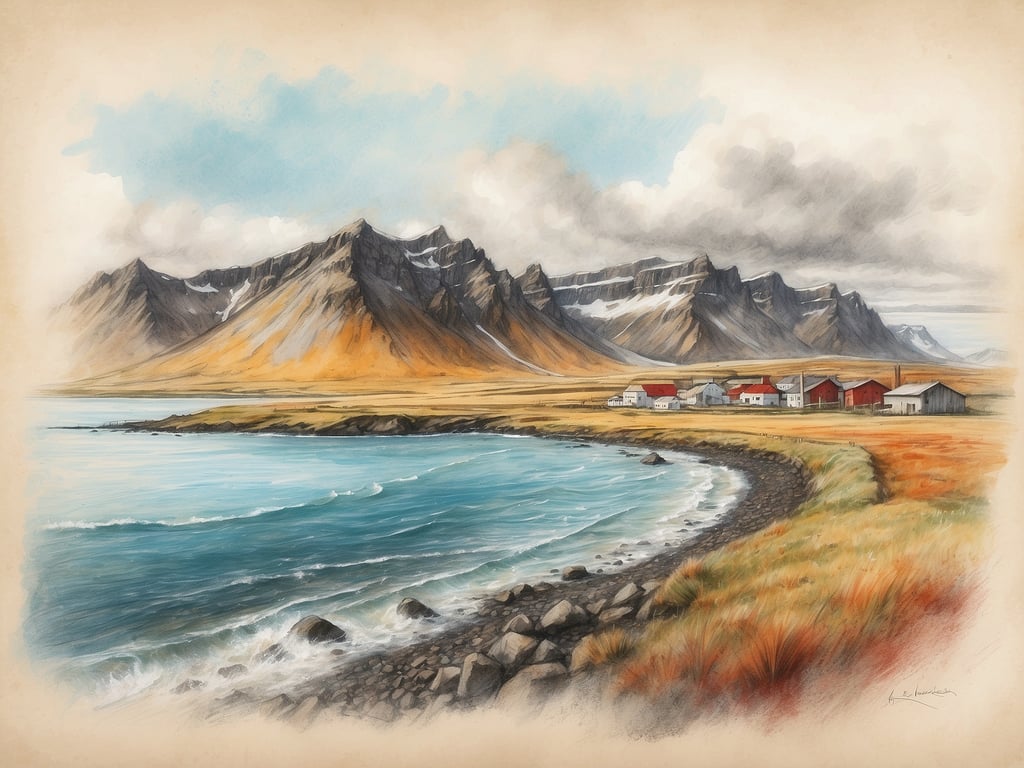 Auf dem Bild ist eine malerische Landschaft mit Bergen, Wasser und einigen Gebäuden zu sehen. Die Berge sind teilweise schneebedeckt, während der Vordergrund grüne und orangefarbene Wiesen zeigt. Am Wasser sind einige Felsen sichtbar, und die gesamte Szenerie vermittelt eine ruhige und natürliche Atmosphäre.

In Island wird Isländisch gesprochen.