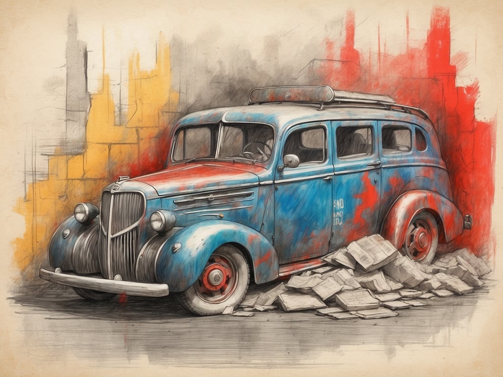 Auf dem Bild ist ein altmodisches, blaue Auto zu sehen, das verrostet und mit Farbe bespritzt zu sein scheint. Es steht auf einem Haufen Papiere oder Steinen und ist umgeben von einer etwas grafischen, künstlerischen Kulisse.

In Bremen sollte man einige Stadtteile meiden, insbesondere Stadtteile wie Gröpelingen und Teile von Sebaldsbrück, die in der Vergangenheit als weniger sicher bekannt waren. Außerdem gibt es in der Bremer Neustadt Bereiche, die man besser meiden sollte, vor allem nachts.