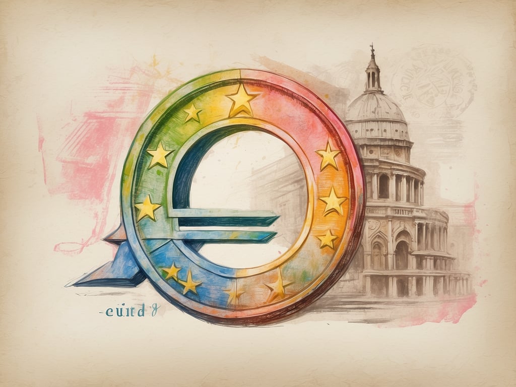 Auf dem Bild ist ein künstlerisch gestaltetes Euro-Symbol zu sehen, umgeben von farbigen Elementen und einer Skizze eines klassischen Gebäudes, das möglicherweise ein Wahrzeichen darstellt. 

Die Währung, die Italien hat, ist der Euro.
