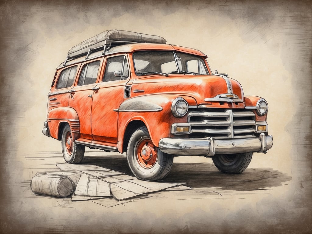 Das Bild zeigt einen roten Oldtimer-Van, der bereit für eine Reise zu sein scheint. Die wichtigsten Dinge, die man bei einem Roadtrip beachten sollte, sind:

1. **Fahrzeugzustand**: Vor der Abfahrt sollte man das Auto gründlich überprüfen, einschließlich Ölstand, Reifendruck und Bremsen.
  
2. **Routenplanung**: Eine gute Planung der Route hilft, Zeit zu sparen und interessante Orte auf dem Weg zu entdecken.
  
3. **Notfallausrüstung**: Es ist wichtig, eine Notfallausrüstung dabei zu haben, einschließlich Ersatzrad, Erste-Hilfe-Kasten und Wasser.
  
4. **Unterhaltungen und Snacks**: Für längere Fahrten sollten man Snacks und genügend Getränke einpacken, um die Energie aufrechtzuerhalten.
  
5. **Pausen einlegen**: Regelmäßige Pausen helfen, die Konzentration zu steigern und die Ermüdung zu reduzieren.
  
6. **Unterhaltung**: Musik, Podcasts oder Hörbücher machen die Reise angenehmer und unterhaltsamer.
  
7. **Budget**: Ein Budget für Benzin, Essen und Unterkunft sollte im Voraus festgelegt werden, um unnötige Ausgaben zu vermeiden.

Mit diesen Tipps kann man einen angenehmen und sicheren Roadtrip genießen!