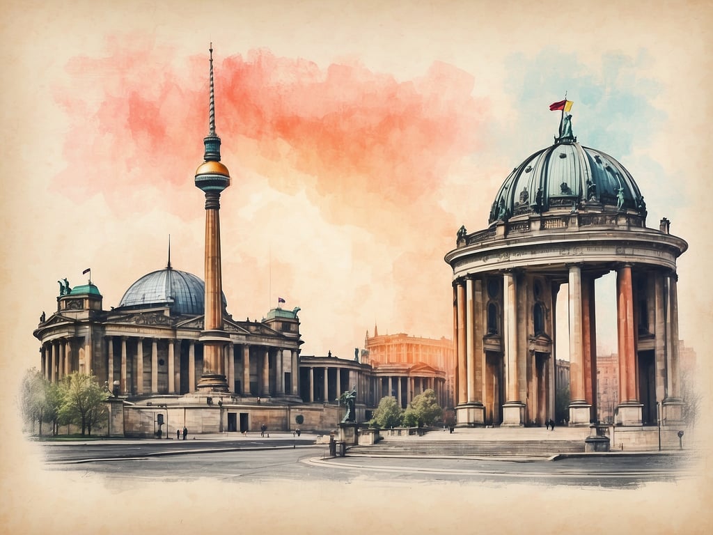 Auf dem Bild sind zwei markante Bauwerke zu sehen, die in Berlin stehen. Auf der linken Seite sieht man den Fernsehturm, ein ikonisches Wahrzeichen der Stadt, und auf der rechten Seite das Alte Museum, das für seine neoklassizistische Architektur bekannt ist. Der Himmel hat eine malerische Farbe, die dem Bild eine künstlerische Note verleiht.

Berlin befindet sich in der Mitteleuropäischen Zeitzone (MEZ), die UTC+1 ist. Im Sommer gilt die Mitteleuropäische Sommerzeit (MESZ), die UTC+2 beträgt.