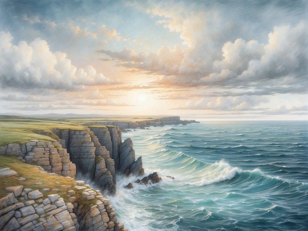 Auf dem Bild sind beeindruckende Klippen zu sehen, die von Wellen umspült werden, während die Sonne aufgeht oder untergeht und den Himmel in schönen Farben erleuchtet. 

Das Meer, das an Island grenzt, ist der Atlantik.