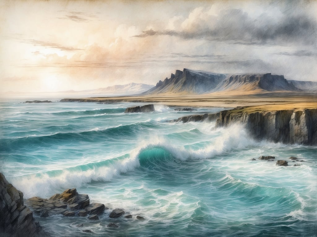 Auf dem Bild sind malerische Küstenlandschaften mit steilen Klippen und kraftvollen Wellen zu sehen. Die Farben des Wassers sind ein lebhaftes Blaugrün, während der Himmel in sanften Tönen leuchtet. 

Island wird vom Nordatlantik umgeben.