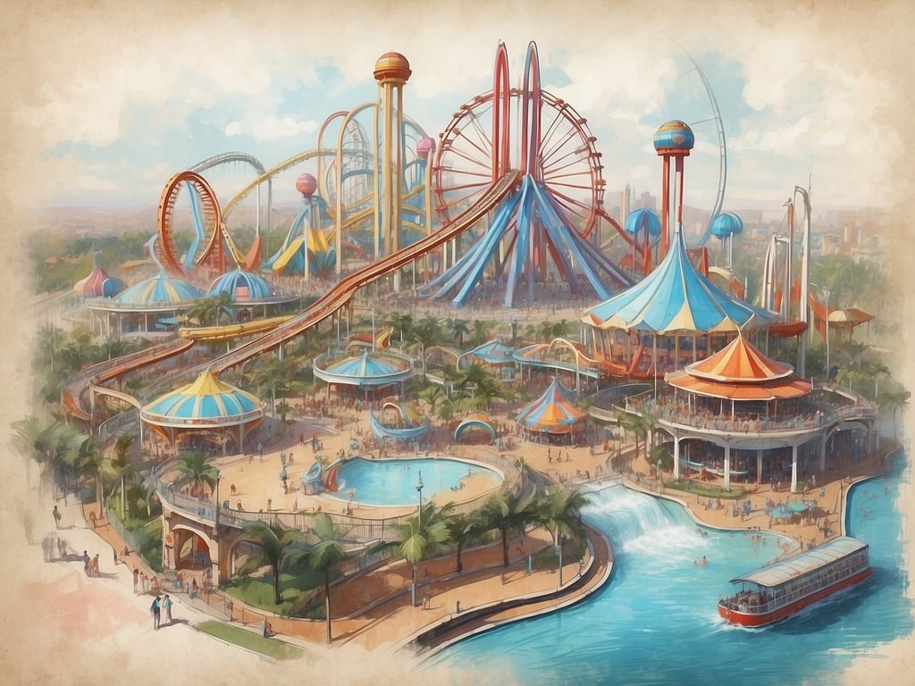 Auf dem Bild ist eine bunte Freizeitparklandschaft mit verschiedenen Attraktionen zu sehen, darunter Achterbahnen, Karussells und ein Bereich mit Wasserattraktionen. 

Einige der größten Freizeitparks der Welt sind:

1. **Walt Disney World (Orlando, Florida, USA)** – Mit vielen Themenparks wie Magic Kingdom und Epcot.
2. **Universal Studios (Orlando, Florida, USA)** – Bekannt für seine Film-Themen und Achterbahnen.
3. **Tokyo Disneyland (Tokio, Japan)** – Ein beliebter Disneyland-Park in Asien.
4. **Chimelong Ocean Kingdom (Zhuhai, China)** – Bietet eine Kombination aus Freizeitpark und Tiergarten.
5. **Europa-Park (Rust, Deutschland)** – Der größte Freizeitpark in Deutschland mit verschiedenen Themenbereichen.

Diese Parks bieten weitreichende Attraktionen und Erlebnisse für Besucher jeden Alters.