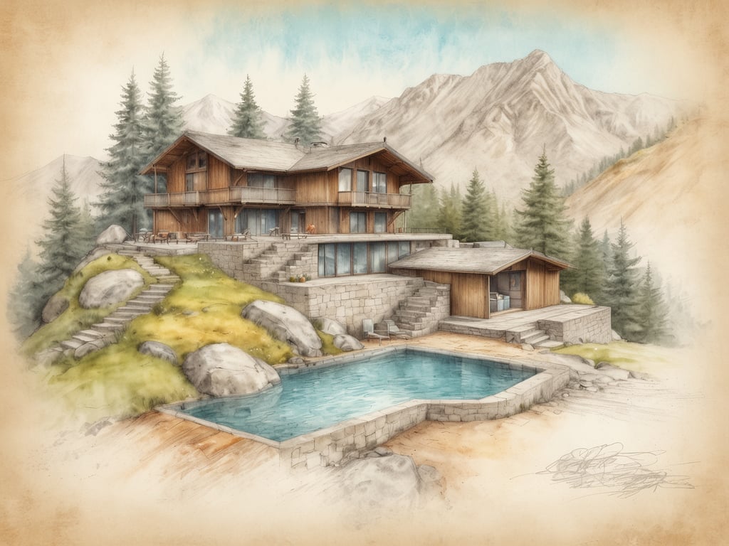 Auf dem Bild ist ein malerisches alpines Chalet zu sehen, das in einer ruhigen natürlichen Umgebung mit Bergen und Nadelbäumen eingebettet ist. Es besitzt eine große Glasfront und eine Holzverkleidung, die typisch für alpine Architektur ist. Vor dem Chalet befindet sich ein Swimmingpool, umgeben von einem gepflegten Gelände. Der gesamte Ort vermittelt ein Gefühl von Ruhe und Entspannung, ideal für Wellness-Suchende.

Wenn Sie nach versteckten Wellness-Hideaways in Österreich suchen, könnten folgende Orte interessant sein:

1. **Alpenresort Schwarz** in Tirol - Ein luxuriöses Wellnesshotel mit einem beeindruckenden Spa-Bereich und herrlichem Bergblick.
2. **Aqua Dome** in Längenfeld - Ein einzigartiges Thermalbad mit Außenpools und Wellnessangeboten inmitten der Alpen.
3. **Schwarzer Adler** in Innsbruck - Ein charmantes Hotel mit einem erstklassigen Wellnessbereich, der traditionelle Tiroler Gemütlichkeit bietet.

Diese Plätze eignen sich perfekt, um abzuschalten und die Natur zu genießen.