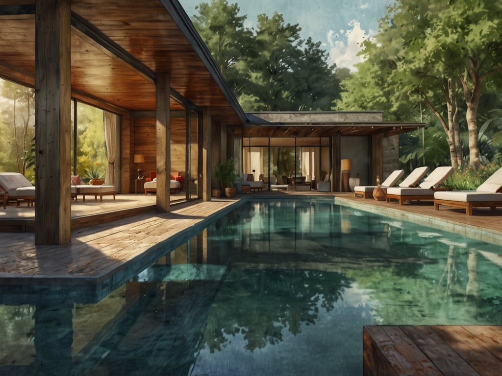 Auf dem Bild ist ein modernes Wellnesshotel zu sehen. Es wirkt einladend mit einem großen Pool, der von einer Holzveranda und komfortablen Liegen umgeben ist. Die Architektur ist von Naturholz geprägt, und große Fenster bieten einen Blick auf die grüne Umgebung. Die Atmosphäre scheint entspannend und harmonisch zu sein, was ideal für Erholung und Wellness ist.