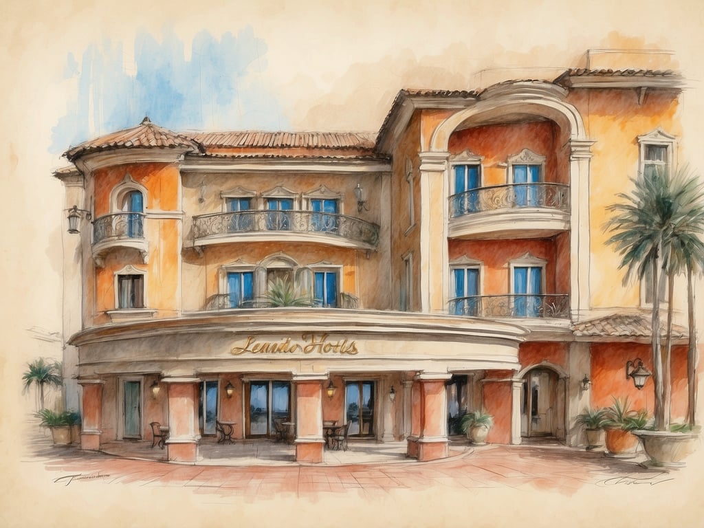 Auf dem Bild ist eine künstlerische Darstellung eines Hotels zu sehen, das im mediterranen Stil gestaltet ist. Es hat eine orangefarbene Fassade, Balkone mit Geländern und Palmen im Vordergrund.

Die Leonardo Hotels gehören zur Leonhardi-Gruppe, die eine Vielzahl von Hotels in Europa betreibt.