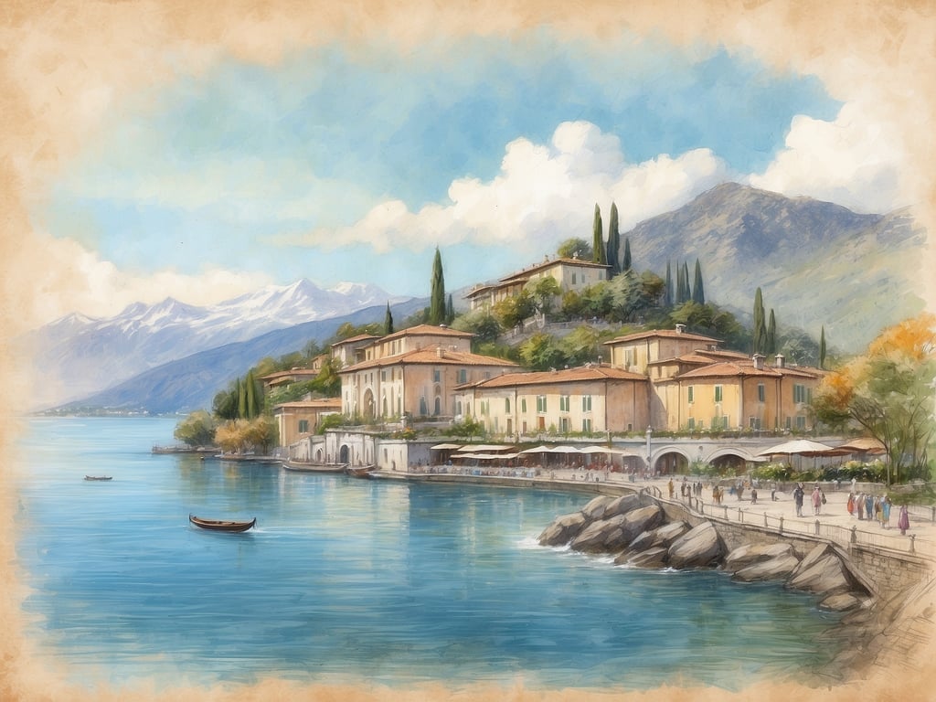 Das Bild zeigt eine malerische Küstenlandschaft am Lago Maggiore. Man sieht eine Uferpromenade mit Menschen, die spazieren gehen, sowie mehrere hübsche Gebäude, die an den Hang gebaut sind. Im Hintergrund sind hohe Berge und eine klare, blaue Wasseroberfläche zu erkennen. Der Lago Maggiore gehört sowohl zur Schweiz als auch zu Italien, was bedeutet, dass er beiden Ländern teils gehört.