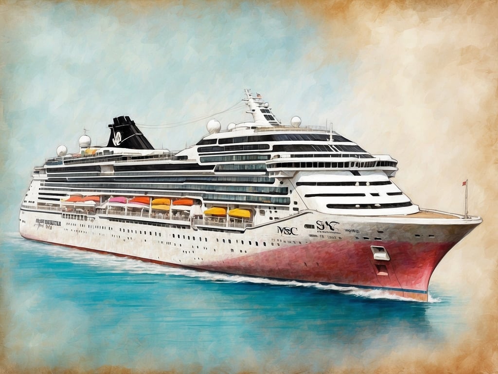 Auf dem Bild ist ein Kreuzfahrtschiff zu sehen, das mit dem Logo 