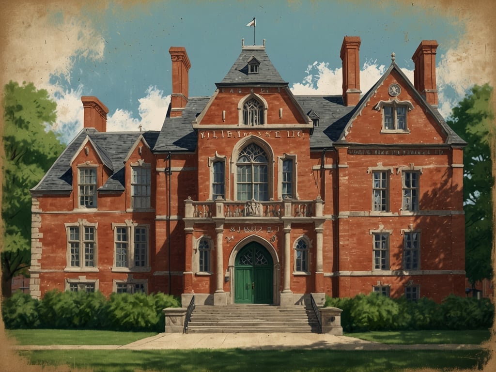 Auf dem Bild ist ein beeindruckendes historisches Gebäude zu sehen, das möglicherweise eine Universität oder ein College darstellt. Die Architektur ist im typisch amerikanischen neugotischen Stil gehalten, mit roten Ziegeln und auffälligen architektonischen Details.

Zur Ivy League gehören in den USA folgende Universitäten:

1. Harvard University
2. Yale University
3. Princeton University
4. Columbia University
5. University of Pennsylvania
6. Dartmouth College
7. Brown University
8. Cornell University

Diese Institutionen sind bekannt für ihre akademische Exzellenz und ihren hohen Prestige.
