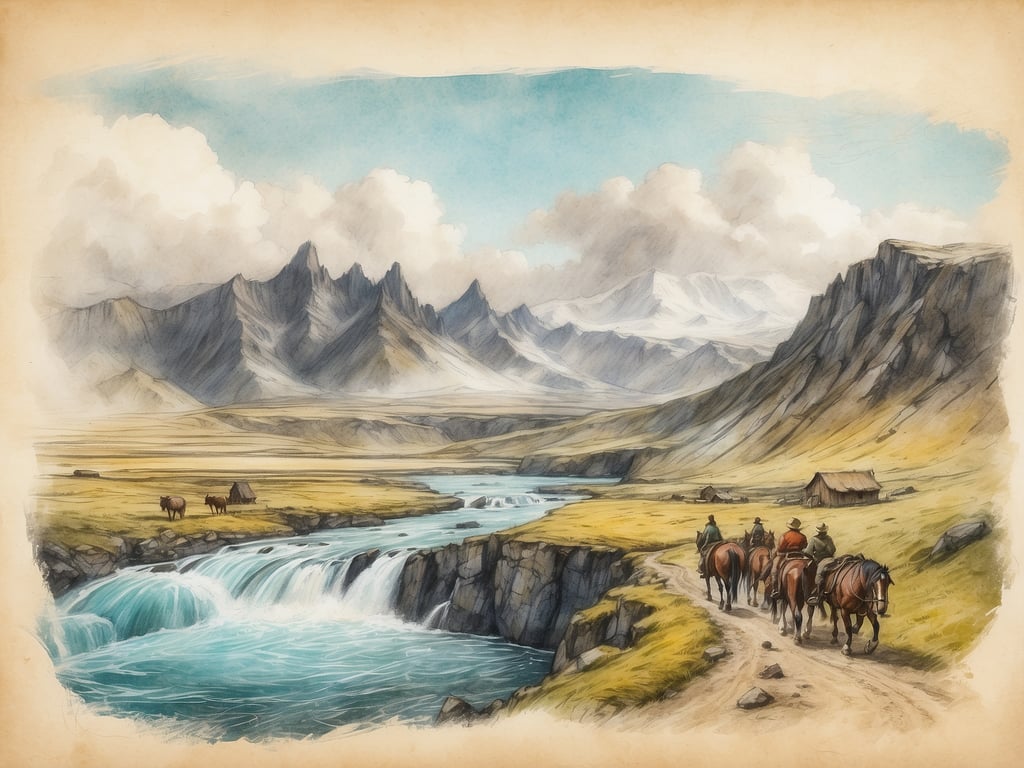 Auf dem Bild ist eine wunderschöne Landschaft mit Bergen, einem Fluss und einer Wasserfall zu sehen. In der Szene reiten mehrere Personen auf Pferden einem Weg entlang, und es gibt einige Tiere sowie eine kleine Hütte im Hintergrund. 

Wer hat Island entdeckt? Island wurde im 9. Jahrhundert von Wikingern entdeckt, dabei gilt der Norweger Flóki Vilgerðarson als einer der ersten, der die Insel um 870 n. Chr. betrat.