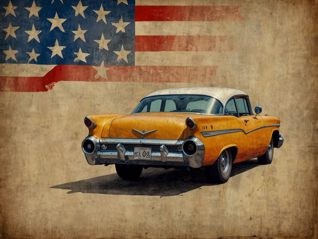 Auf dem Bild ist ein klassisches, gelbes Auto zu sehen, das im Stil der 1950er Jahre gestaltet ist. Im Hintergrund ist eine amerikanische Flagge angedeutet. Diese Verbindung von Kuba und den USA erinnert an den Spruch: 