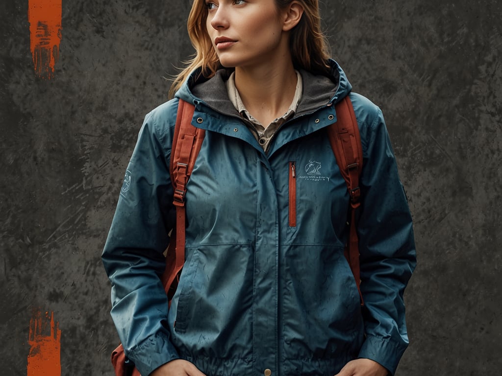 Auf dem Bild ist eine Person zu sehen, die wetterfeste Kleidung trägt. Sie hat eine blaue, regenabweisende Jacke an, die mit einer Kapuze ausgestattet ist, sowie einen Rucksack. Die Outfits sind geeignet für Outdoor-Aktivitäten, insbesondere bei schlechtem Wetter.