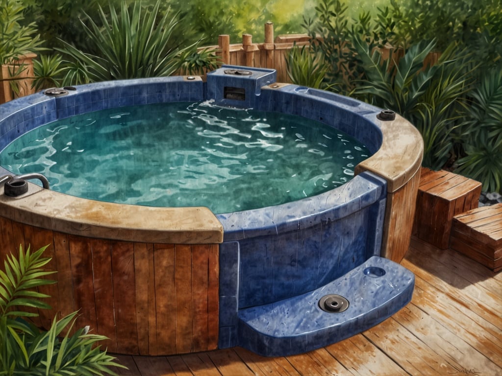 Auf dem Bild ist ein Whirlpool zu sehen. Er ist rund und hat eine Kombination aus blauen und holzfarbenen Elementen. Um den Whirlpool herum befinden sich Pflanzen und eine Holzterrasse, die eine entspannende Atmosphäre schafft. Das Wasser im Whirlpool ist klar und einladend.