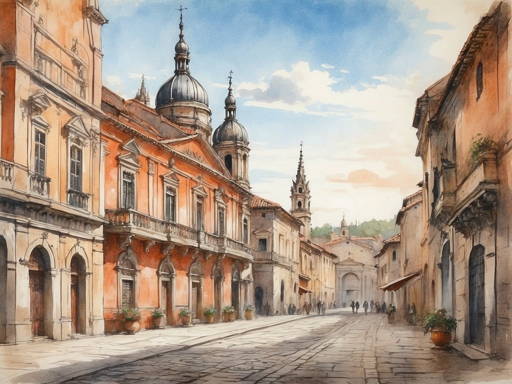 Auf dem Bild ist eine malerische Straßenansicht mit alten Gebäuden und einem klaren Himmel zu sehen. Es scheint ein historischer, mediterraner Ort zu sein. Die Architektur ist reich verziert, und es gibt einige Menschen, die auf der Straße spazieren. 

Wie alt ist München? München wurde 1158 erstmals urkundlich erwähnt, was bedeutet, dass die Stadt über 860 Jahre alt ist.