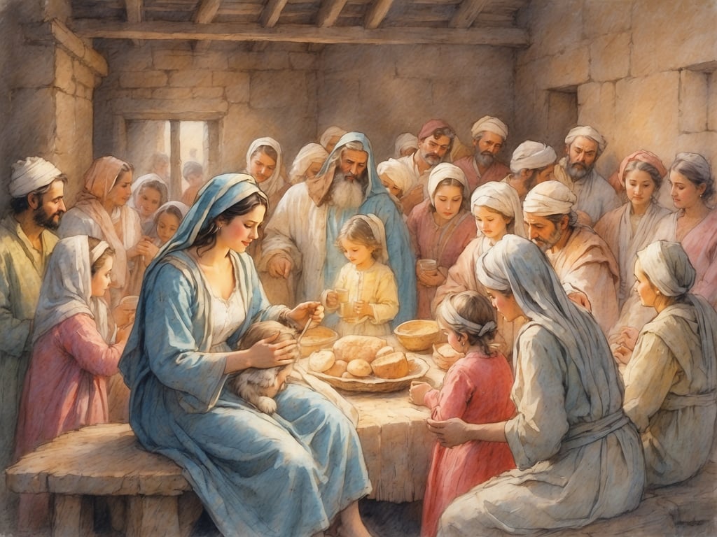 Auf dem Bild ist eine Szene zu sehen, in der eine Gruppe von Menschen, darunter eine Frau mit einem Kind, an einem Tisch sitzt und vermutlich eine gemeinsame Mahlzeit teilt. 

In Italien wird Weihnachten auf verschiedene Weisen gefeiert. Die Feierlichkeiten beginnen am 8. Dezember mit dem Fest der Unbefleckten Empfängnis und dauern bis zum 6. Januar, dem Tag der Heiligen Drei Könige. Am Heiligabend gibt es oft ein festliches Abendessen, das oft Fischgerichte umfasst, gefolgt von den Mitternachtsmessen. Am Weihnachtstag werden Geschenke ausgetauscht, und viele Familien besuchen die Krippen, die besonders in den Regionen Neapel und Sizilien beliebt sind. Die Feiertage sind von festlichen Traditionen, Musik und besonderen Leckereien geprägt.
