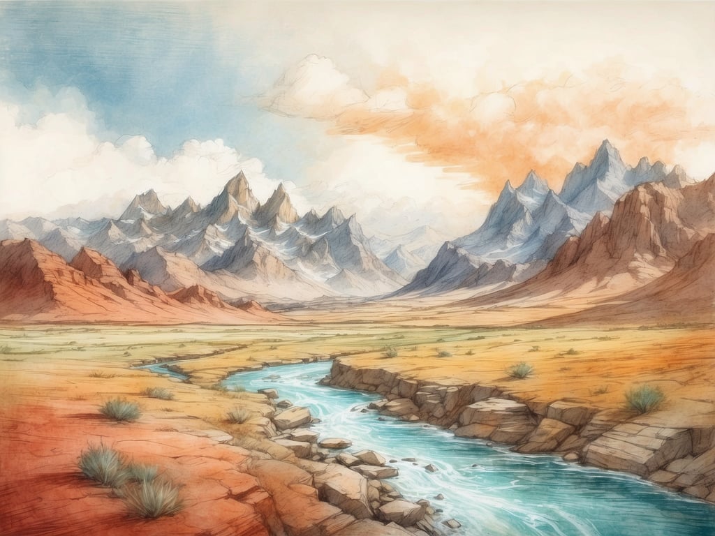 Auf dem Bild ist eine malerische Landschaft mit Bergen im Hintergrund, einem Fluss, der durch ein Tal fließt, sowie steinigen und sandigen Ufern zu sehen. Die Farben sind sanft und verleihen der Szene eine friedliche Atmosphäre.

Wie groß ist Italien? Italien hat eine Fläche von etwa 301.340 Quadratkilometern.