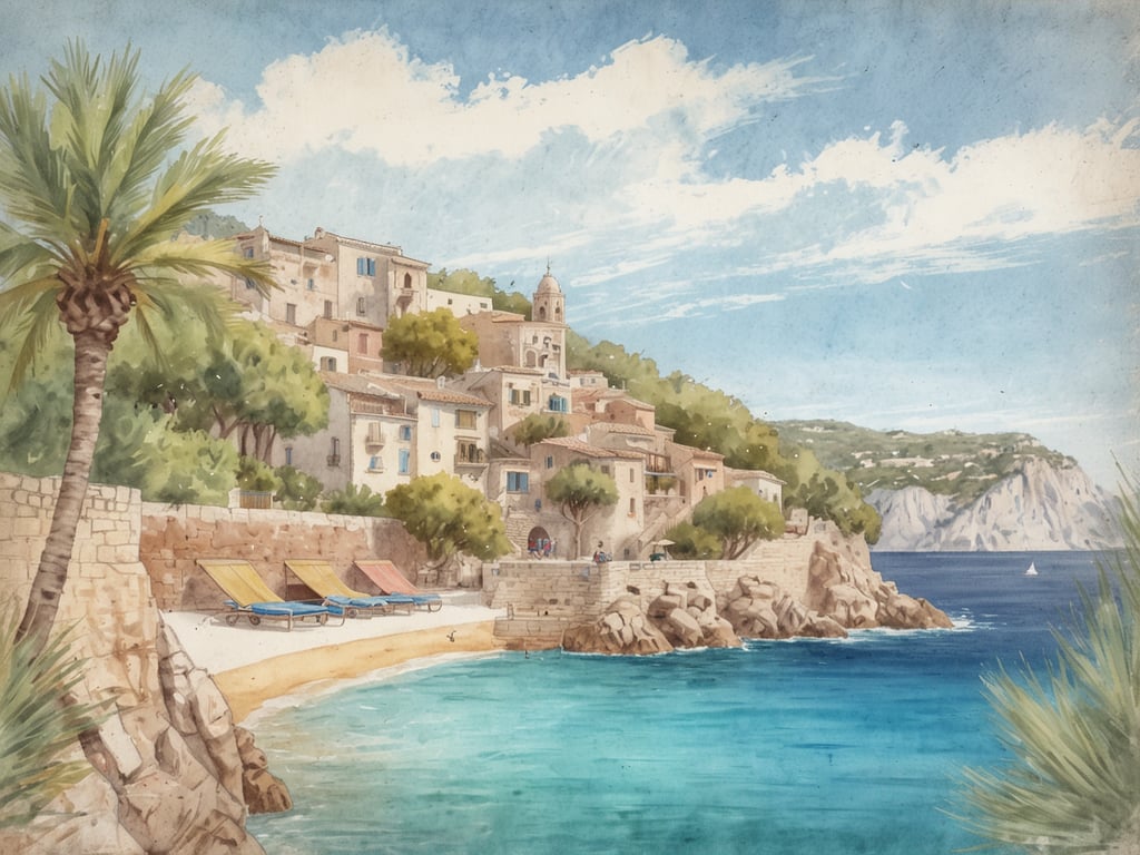 Auf dem Bild ist eine malerische Küstenlandschaft mit einer kleinen Ansiedlung zu sehen. Die Häuser sind an einen Hang gebaut und von grünen Bäumen umgeben. Es gibt einen Strand mit Liegen und das Wasser ist klar und blau. Der Himmel zeigt einige Wolken und es scheint ein sonniger Tag zu sein. 

Wie groß ist Mallorca? Mallorca hat eine Fläche von etwa 3.640 Quadratkilometern.