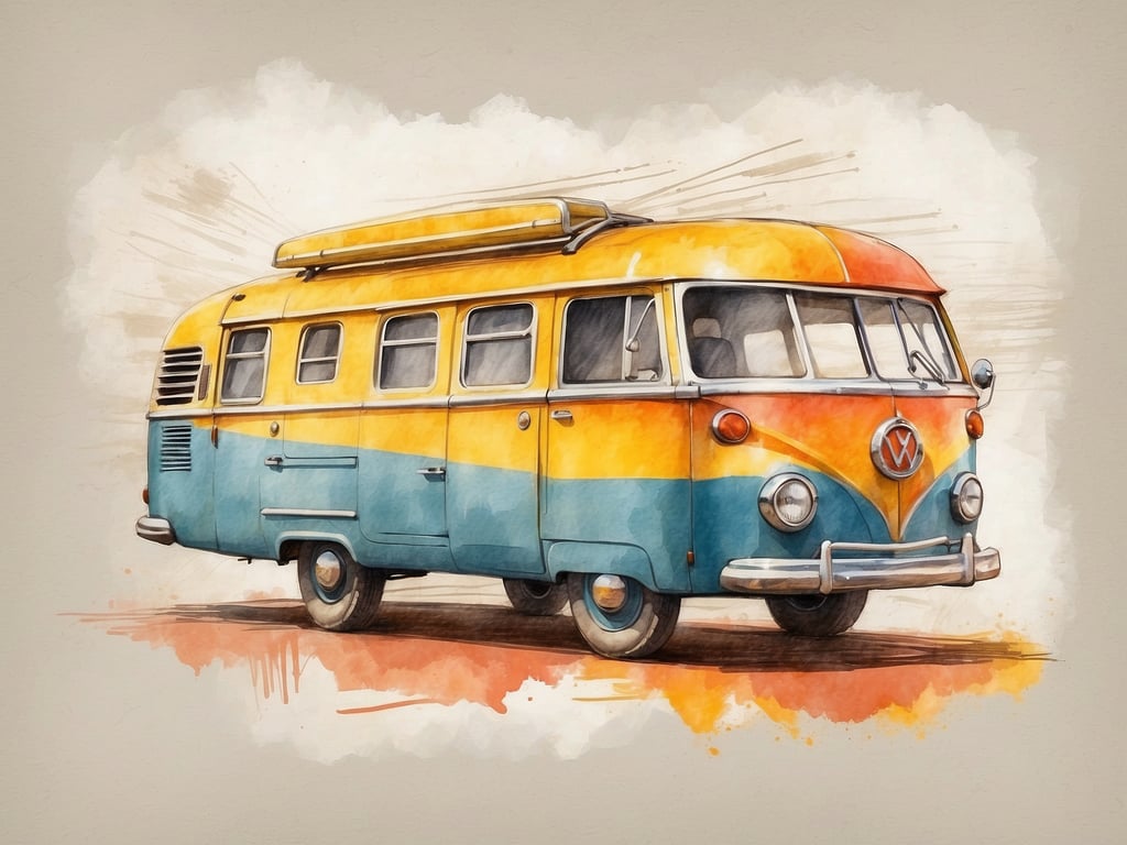 Auf dem Bild ist ein farbenfroher Volkswagen-Bus zu sehen, der in einem künstlerischen Stil dargestellt ist. Die Farben sind hauptsächlich gelb und blau mit orangefarbenen Akzenten.

Wie ist das Wetter auf den Kapverden? Die Kapverden haben in der Regel ein warmes und trockenes Klima, ideal für einen Urlaub.