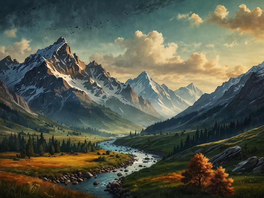 Auf dem Bild ist eine malerische Landschaft mit hohen Bergen, einem klaren Fluss, weiten Wiesen und Bäumen zu sehen. Der Himmel ist blau mit einigen Wolken und Vögeln, die fliegen.

Wie ist das Wetter in Kanada? Kanada hat sehr unterschiedliche Klima- und Wetterbedingungen, abhängig von der Region. In den Rocky Mountains zum Beispiel kann das Wetter kühl und frisch sein, mit häufigen Niederschlägen, während andere Teile des Landes, wie die Prairies, trockener und wärmer sein können.