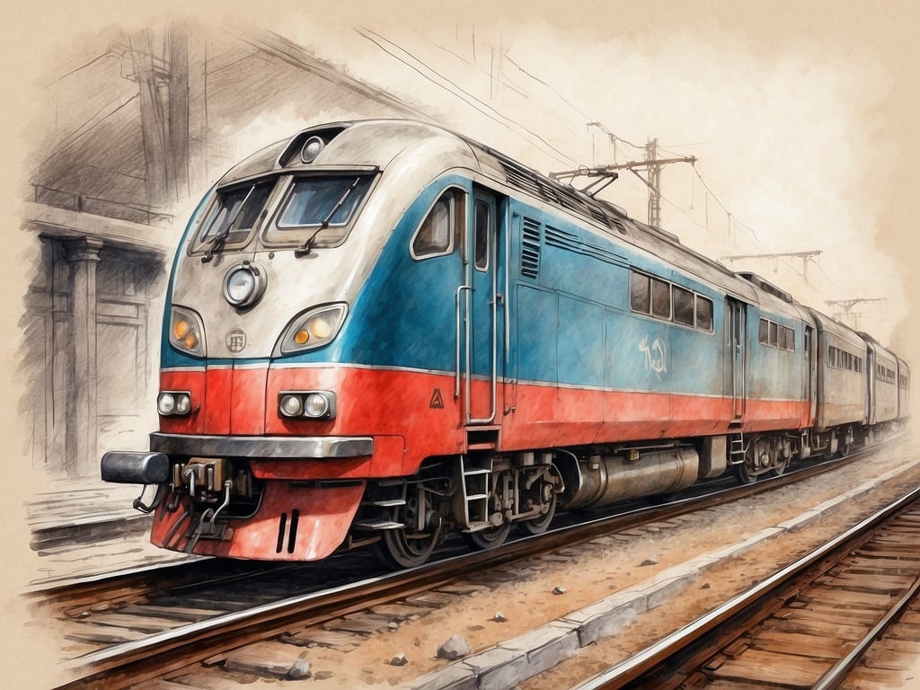 Auf dem Bild ist eine Lokomotive zu sehen, die auf einem Bahngleis steht. Die Lok hat eine rot-blau gestreifte Farbgestaltung und wirkt im skizzierten Stil. 

Wenn du nach Grömitz kommen möchtest, kannst du mit dem Zug fahren. Informiere dich über die nächsten Verbindungen zu deinem gewünschten Zielbahnhof und plane gegebenenfalls eine Weiterfahrt mit dem Bus oder Taxi, um dein endgültiges Ziel zu erreichen.