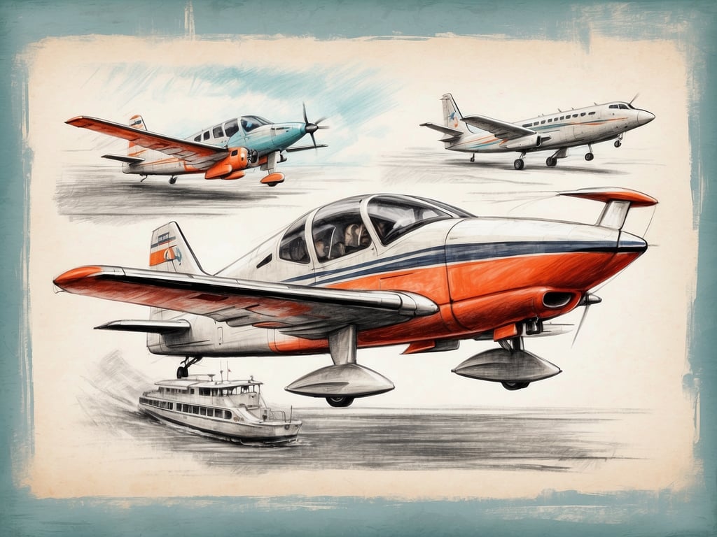 Auf dem Bild sind mehrere Flugzeuge und ein Schiff zu sehen. Die Flugzeuge sind in verschiedenen Designs dargestellt, während das Schiff am Wasser zu sehen ist. 

Wie kommt man auf die Malediven? Man kann auf die Malediven fliegen, meist über einen internationalen Flughafen in Malé, und von dort mit Wasserflugzeugen oder Booten zu den verschiedenen Resort-Inseln gelangen.