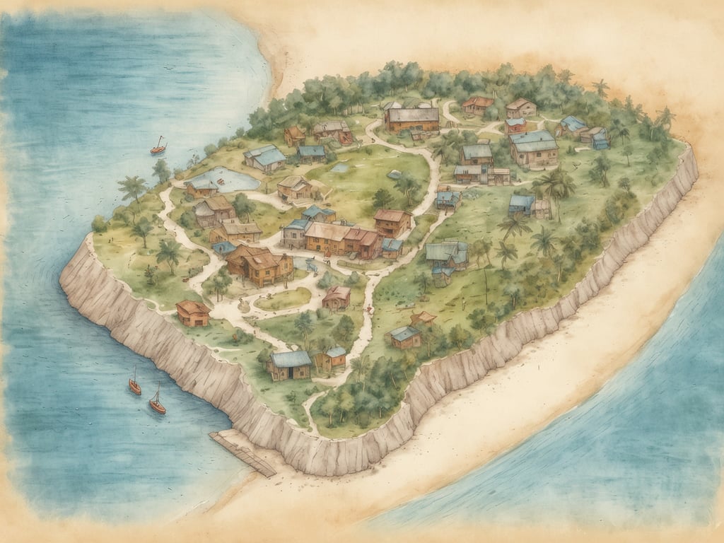 Auf dem Bild ist eine fantasievolle Darstellung einer kleinen Insel mit einem Dorf zu sehen, das aus mehreren farbigen Häusern besteht. Die Umgebung enthält Palmen und einen Strand, sowie Boote im Wasser. 

Madeira ist etwa 57 Kilometer lang und 22 Kilometer breit.