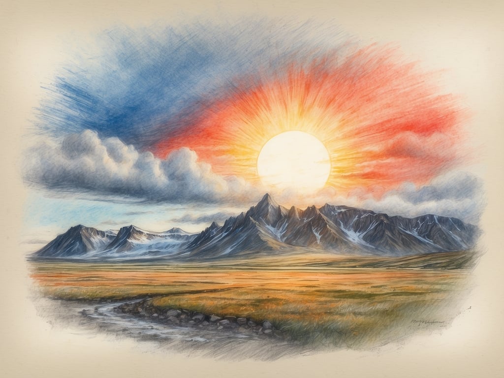 Auf dem Bild ist eine malerische Landschaft mit Bergen und einer großen, strahlenden Sonne zu sehen, die am Himmel aufgeht oder untergeht, umgeben von bunten Wolken. 

In Island bleibt es im Sommer für mehrere Wochen bis zu 24 Stunden am Tag hell, besonders um die Sommersonnenwende in der Nähe des 21. Juni.