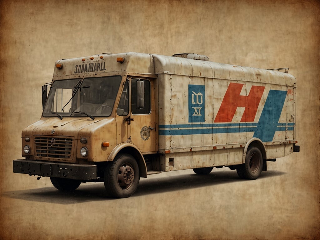 Auf dem Bild ist ein alter Lieferwagen oder Transporter zu sehen, der einen abgenutzten und rostigen Look hat. Der Wagen trägt einige grafische Elemente in Blau und Rot. 

Wie lange braucht ein Brief in die USA? In der Regel dauert es etwa 5 bis 10 Werktage, je nach Versandart und Absenderstandort.