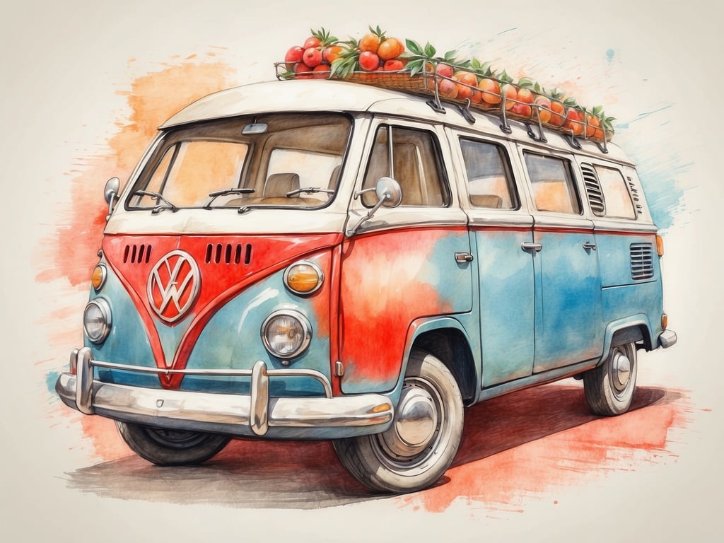 Auf dem Bild ist ein farbenfroher Volkswagen-Bus zu sehen, der mit einer Ladung Tomaten auf dem Dach beladen ist. Der Bus hat ein nostalgisches Design und ist in Rot und Blau lackiert, was ihn sehr auffällig macht.

Ferragosto in Italien dauert vom 15. August bis zum Ende des Monats, wobei der Haupttag der 15. August ist. Es ist ein wichtiger Feiertag, an dem viele Italiener Urlaub machen und verschiedene Traditionen feiern.