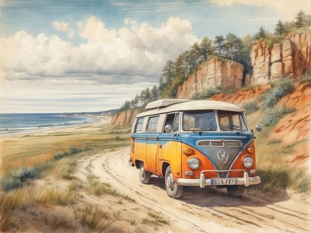 Auf dem Bild ist ein farbenfroher VW Bulli zu sehen, der an einem Küstenweg steht. Im Hintergrund ist ein schöner Strand und eine bewaldete Küste zu erkennen. 

Wenn du von Deutschland zur polnischen Ostsee fährst, beträgt die Fahrzeit in der Regel zwischen 5 und 8 Stunden, abhängig von deinem Startpunkt in Deutschland und den Verkehrsbedingungen.