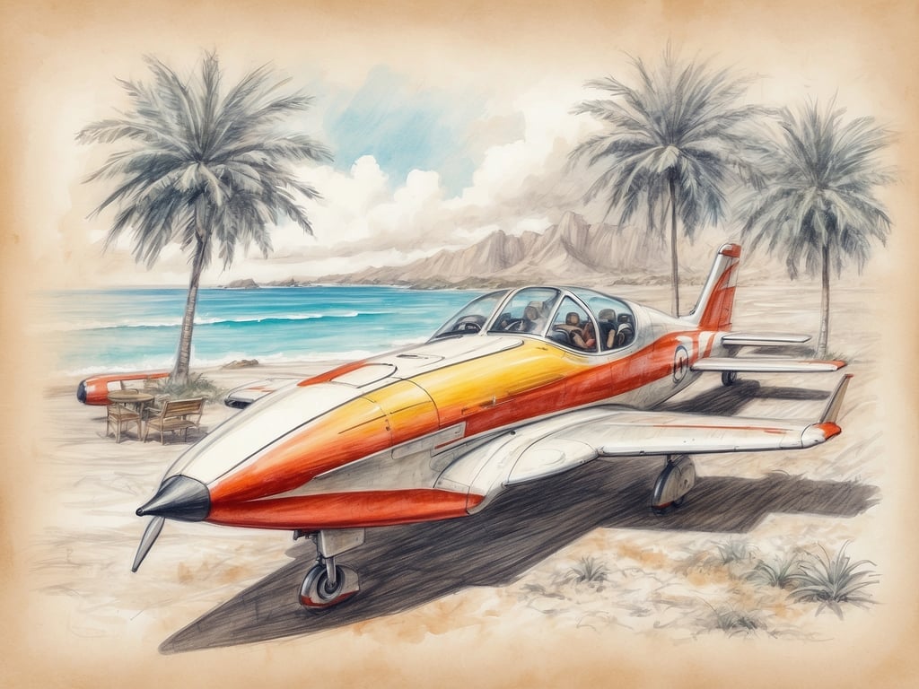 Auf dem Bild ist ein kleines Flugzeug zu sehen, das an einem Strand steht, umgeben von Palmen und einer schönen Küstenlandschaft. Wie lange fliegt man auf die Malediven? Die Flugdauer hängt vom Abflugort ab, aber von Deutschland aus beträgt sie normalerweise zwischen 10 und 12 Stunden.