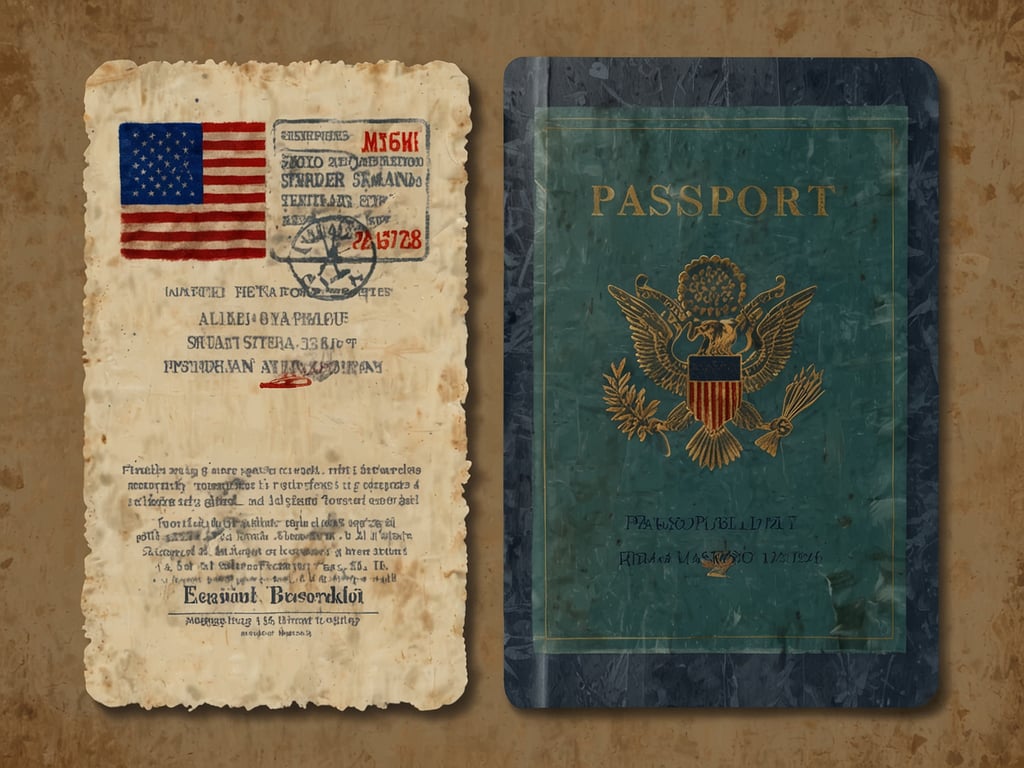 Auf dem Bild sind zwei Seiten eines Reisepasses zu sehen. Die linke Seite zeigt einen Stempel und eine Abbildung der amerikanischen Flagge, während die rechte Seite die äußere Ansicht des Reisepasses zeigt, die mit einem Wappen verziert ist.

Wie lange muss der Reisepass gültig sein für die USA? Für die Einreise in die USA sollte der Reisepass mindestens für die Dauer Ihres Aufenthalts gültig sein. Es wird jedoch empfohlen, dass der Reisepass auch nach der Rückkehr noch mindestens sechs Monate gültig ist, um mögliche Probleme zu vermeiden.