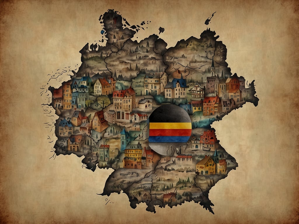 Auf dem Bild ist eine kreative Darstellung von Deutschland zu sehen, die wie eine Karte gestaltet ist. Es sind verschiedene Häuser und Landschaften abgebildet, zusammen mit einem Kreis in der Mitte, der die Farben der deutschen Flagge zeigt.

Um deine Frage zu beantworten: **Wie oft passt Deutschland in die USA?** Deutschland könnte etwa 22 Mal in die USA passen, wenn man die Fläche vergleicht.