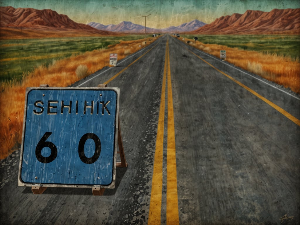 Auf dem Bild ist eine Straße zu sehen, die sich durch eine Landschaft zieht, mit einem Schild, das eine Geschwindigkeitsbegrenzung von 60 aufweist. In den USA darf man in vielen ländlichen Gebieten tatsächlich bis zu 60 Meilen pro Stunde fahren, jedoch können die Geschwindigkeitsbegrenzungen je nach Bundesstaat und Straßentyp variieren.