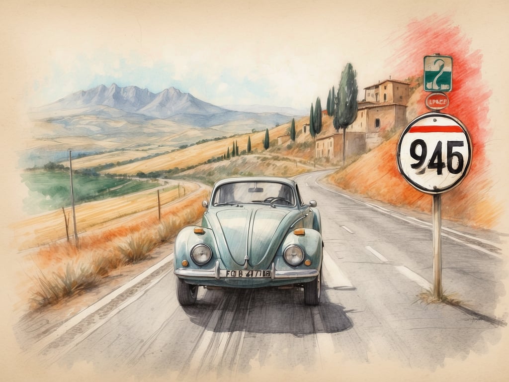 Auf dem Bild ist ein blaues Auto auf einer malerischen Straße zu sehen, die von Hügeln und Feldern umgeben ist. Im Hintergrund sind Berge sichtbar, und in der Nähe steht ein Verkehrsschild. 

In Italien darf man in der Regel auf Autobahnen maximal 130 km/h fahren. Auf Landstraßen liegt die Höchstgeschwindigkeit meist bei 90 km/h. In geschlossenen Ortschaften sind es normalerweise 50 km/h.