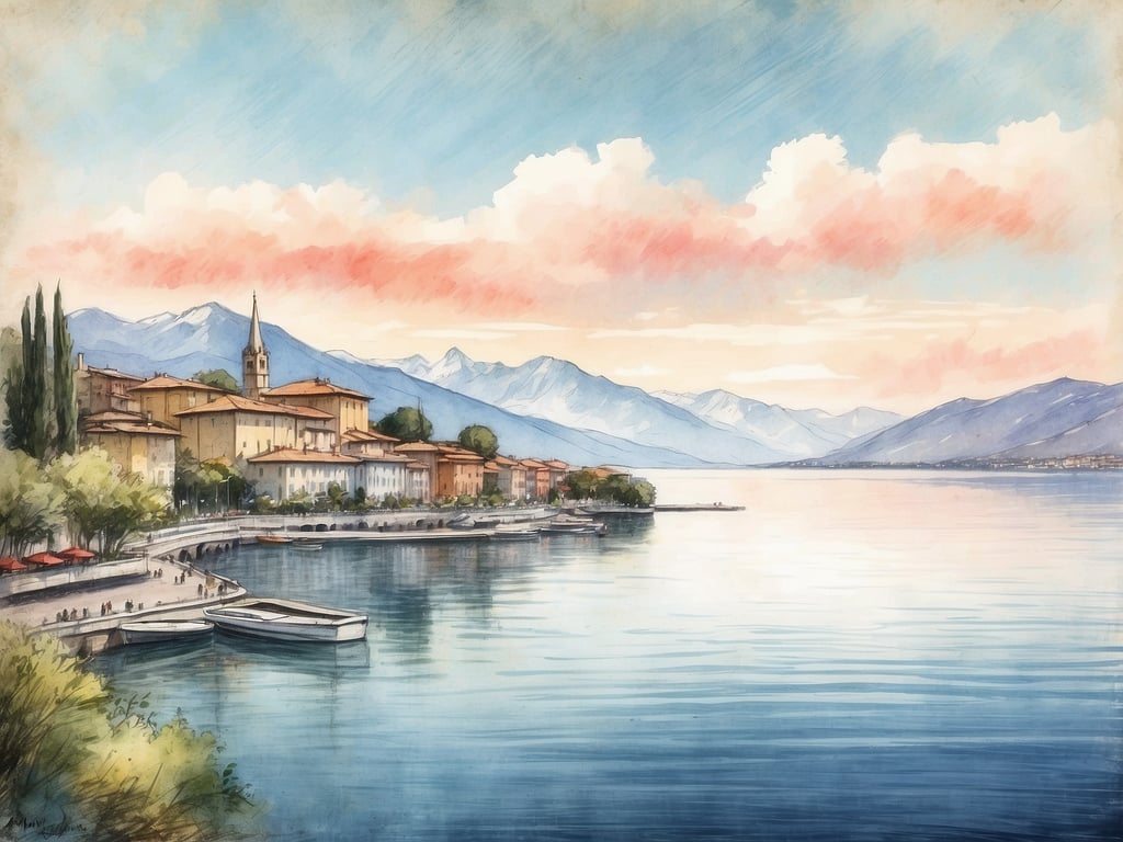 Auf dem Bild ist eine malerische Landschaft zu sehen, die einen ruhigen See mit Bergen im Hintergrund darstellt. Am Ufer erkennt man charmante Gebäude und Bäume, während einige Boote im Wasser liegen. Die Himmel sind blau mit einigen rosa Wolken, was eine friedliche Stimmung erzeugt.

"Lago Maggiore" wird genau so geschrieben: Lago Maggiore.