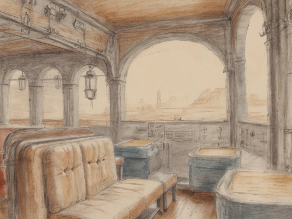 Auf dem Bild ist ein Innenraum zu sehen, der an einen Waggon oder eine Art von Transportmittel erinnert. Es gibt gepolsterte Bänke und Boxen, sowie große Fenster, die eine Landschaft im Hintergrund zeigen. Der Stil des Bildes ist skizzenhaft und könnte eine nostalgische Stimmung vermitteln.

**Wie sicher sind Busreisen?** Busreisen gelten im Allgemeinen als sicher. Die meisten Busunternehmen unterliegen strengen Sicherheitsstandards und regelmäßigen Wartungen. Es ist jedoch ratsam, auf die Sicherheitsvorkehrungen des jeweiligen Unternehmens zu achten und während der Fahrt aufmerksam zu sein.