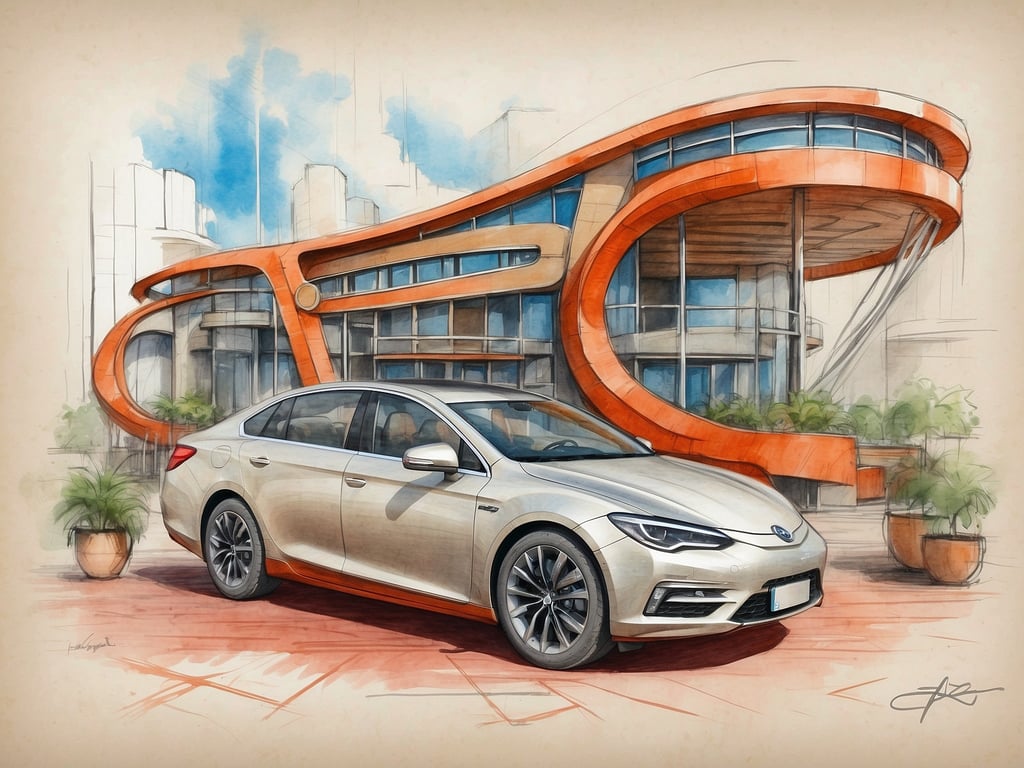 Auf dem Bild ist ein modernes Gebäude mit einem futuristischen Design zu sehen, das durch geschwungene Linien und große Fenster gekennzeichnet ist. Vor dem Gebäude steht ein elegantes Auto. 

**Wie sieht die Zukunft der Hotels aus?** In der Zukunft könnten Hotels immer mehr auf Nachhaltigkeit und innovative Technologien setzen. Einrichtungen werden möglicherweise stärker in die Natur integriert, mit Pflanzen und natürlichen Materialien. Außerdem könnten smarte Zimmer, die sich den Bedürfnissen der Gäste anpassen, und automatisierte Dienstleistungen zur Norm werden, um ein nahtloses und komfortables Erlebnis zu bieten.