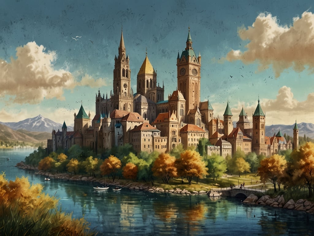 Auf dem Bild ist eine malerische Landschaft mit einem großen, beeindruckenden Schloss zu sehen, das von Wasser und Bäumen umgeben ist. Der Himmel ist blau mit einigen Wolken, und im Hintergrund sind Berge zu erkennen. 

Wie sieht Kanada aus? Kanada ist bekannt für seine atemberaubenden Landschaften, hohe Berge, weite Wälder und zahlreiche Seen. Die Natur ist oft wild und unberührt, mit einer Mischung aus urbanen centers und malerischen, ländlichen Regionen, die von einem vielfältigen Klima geprägt sind.