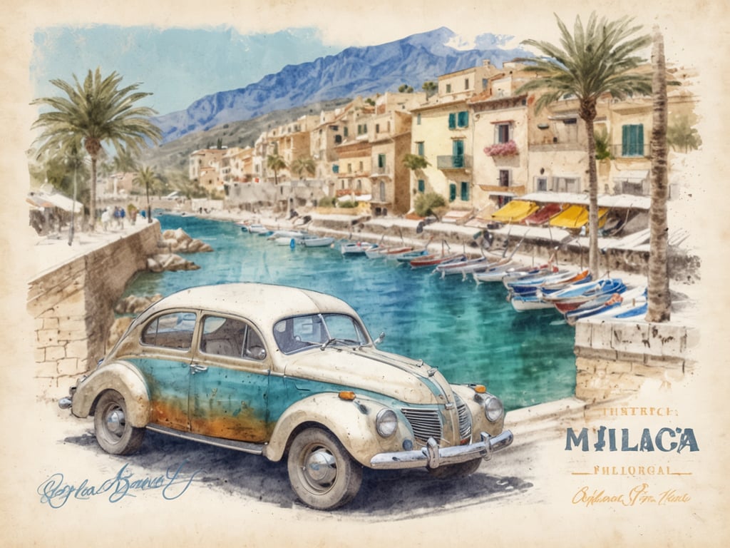 Auf dem Bild ist eine malerische Küstenlandschaft zu sehen, die ein kleines Hafenbecken mit Booten zeigt. An der Uferpromenade stehen Palmen, und im Hintergrund sieht man hübsche, alte Gebäude, die typisch für mediterrane Orte sind. Außerdem ist ein alter, farbiger VW-Käfer im Vordergrund abgebildet, der dem Bild einen nostalgischen Charme verleiht. 

Wie spricht man Mallorca aus? „Mallorca“ wird in etwa wie „ma-ˈjor-ka“ ausgesprochen.