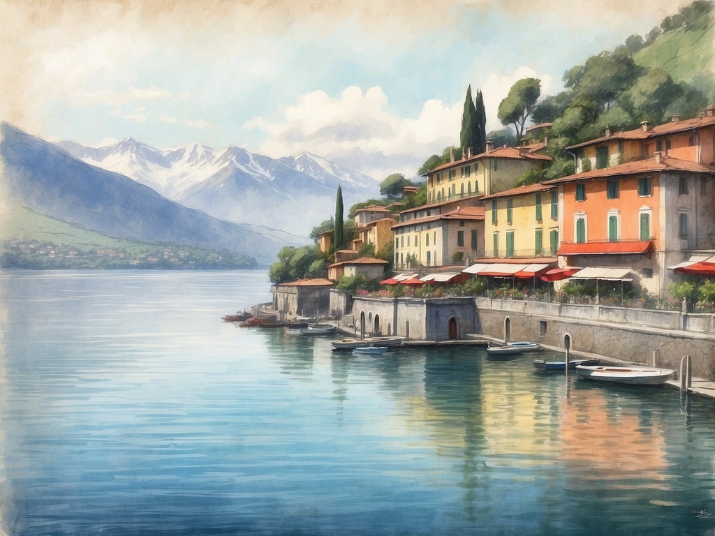 Auf dem Bild ist eine malerische Seelandschaft mit bunten Häusern, die an einem ruhigen Seeufer stehen. Berge sind im Hintergrund sichtbar und der Himmel ist blau mit ein paar Wolken. Es gibt kleine Boote am Ufer und die Wasseroberfläche spiegelt die Umgebung wider.

Der Lago Maggiore hat eine maximale Tiefe von etwa 374 Metern.